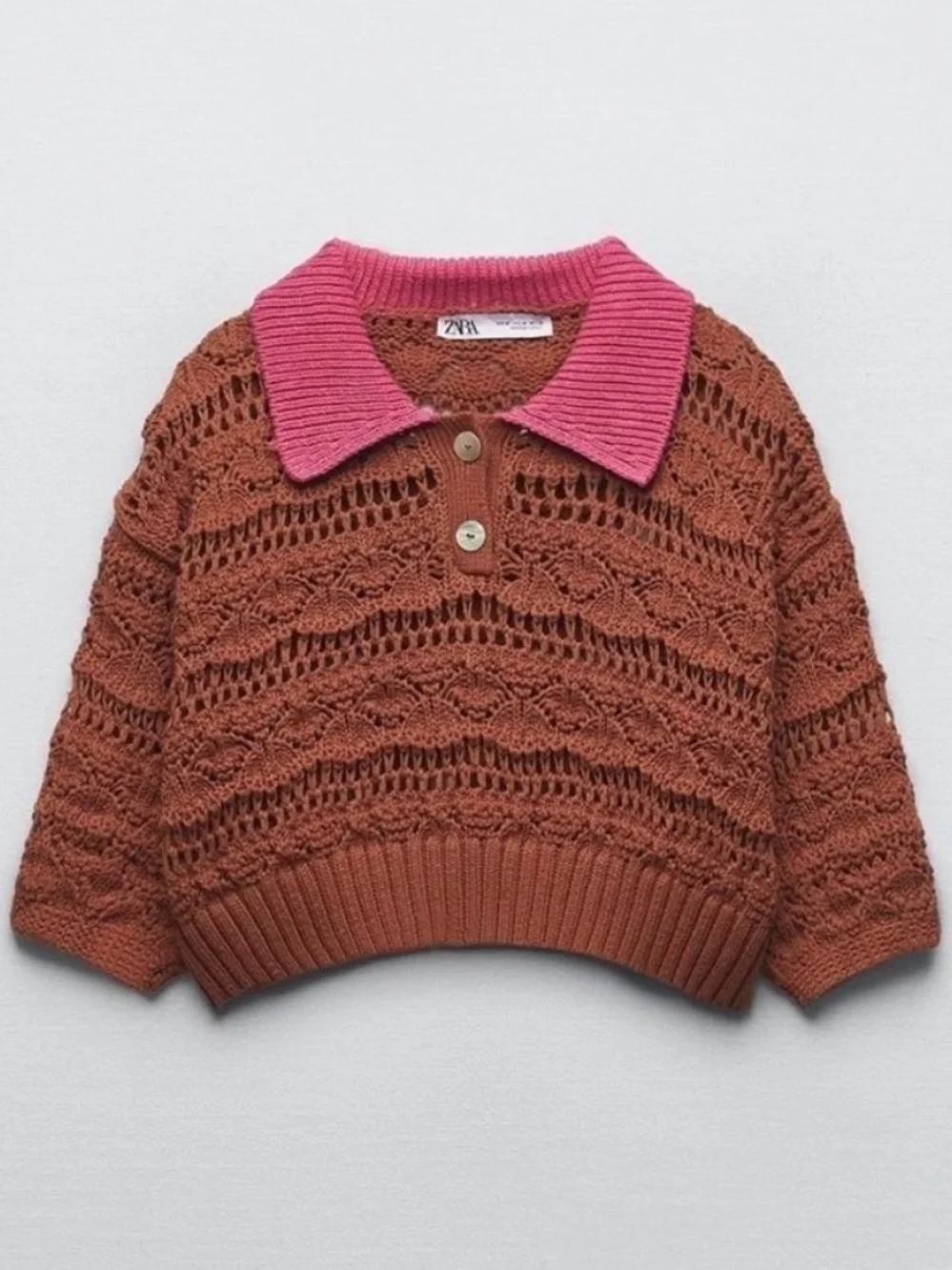 Zara Pointelle Knit Collared Cropped Sweater